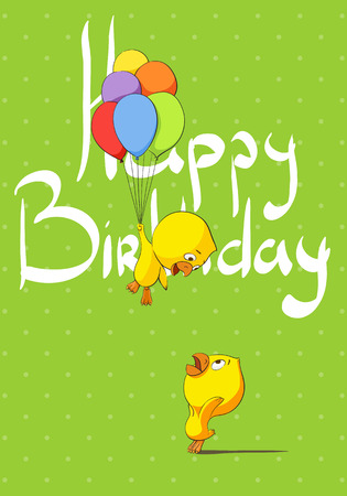 Cute chicks congratulate birthday happy birthday on a bright green backgroundのイラスト素材