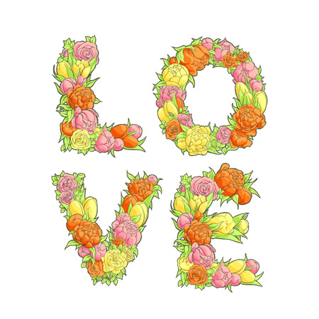 Romantic bright word Love from flowersのイラスト素材