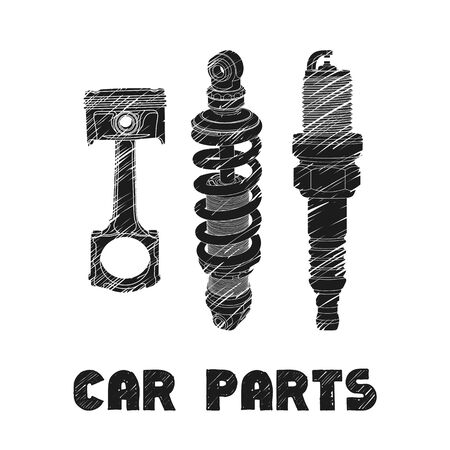 Hand drawn car parts on white backgroundのイラスト素材