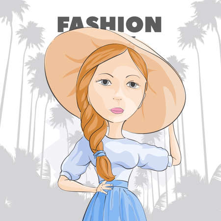 Elegant chic girl in a hat and blue dress.のイラスト素材