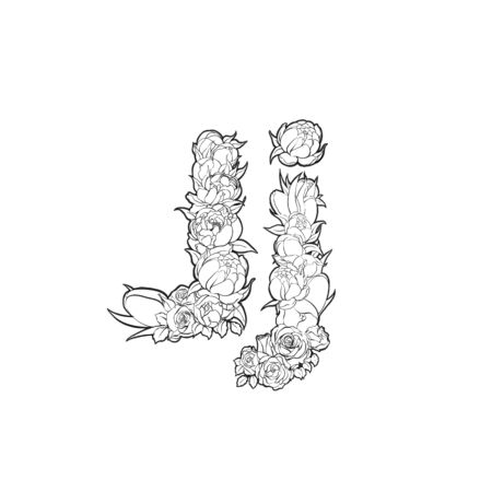 Black and white alphabet with flowers. The letter Jのイラスト素材