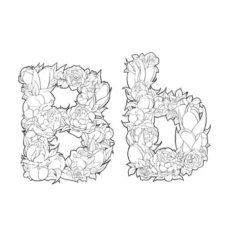 Black and white alphabet with flowers. The letter Bのイラスト素材