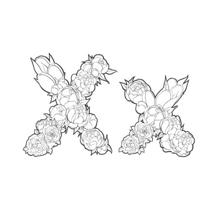 Letter X made of peonies and roses on white backgroundのイラスト素材