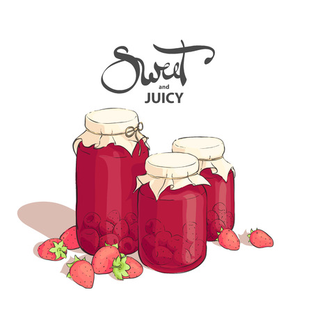 Strawberry juice in jars on white backgroundのイラスト素材