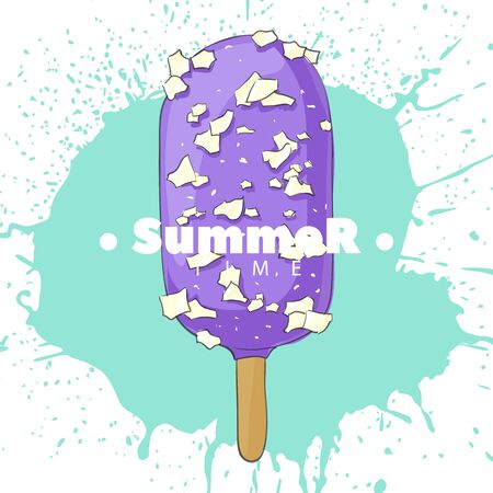 Ice cream on a stick in a violet glaze on a bright backgroundのイラスト素材