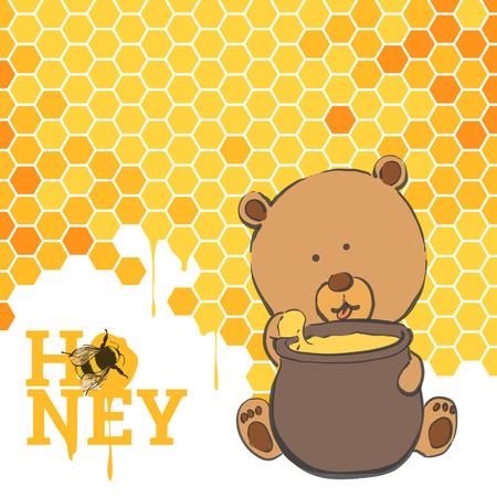 A cute bear sits next to a pot of honeyのイラスト素材