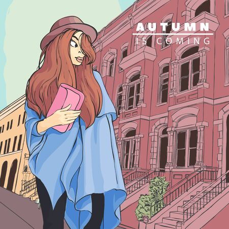 Stylish and very beautiful girl in the background of the city in a hatのイラスト素材