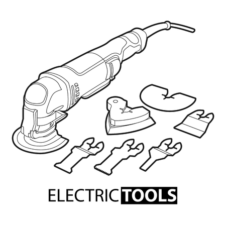 Multi tool on a white background with different attachmentsのイラスト素材