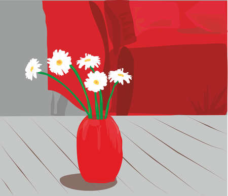 illustration of a bouquet of daisies in a vase on the floor in the room next to the red sofaのイラスト素材