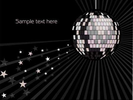 shiny silver disco ball with rays and stars on a black backgroundのイラスト素材