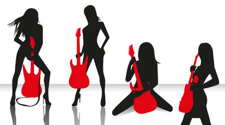 collection of elegant silhouettes of girls with red guitars isolatedのイラスト素材