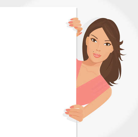 illustration of posing girl with white poster for your information and designのイラスト素材