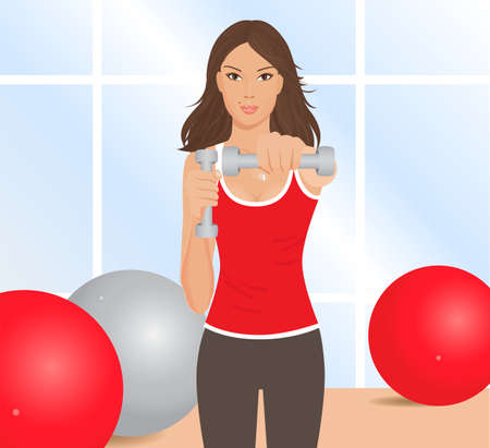 illustration of a beautiful young fitness girl doing exercises with dumbbells in gym, for your designのイラスト素材