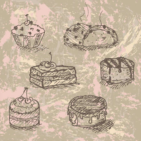 hand drawn vintage set of tasty cakes , created as very artistic painterly style, easy to editのイラスト素材