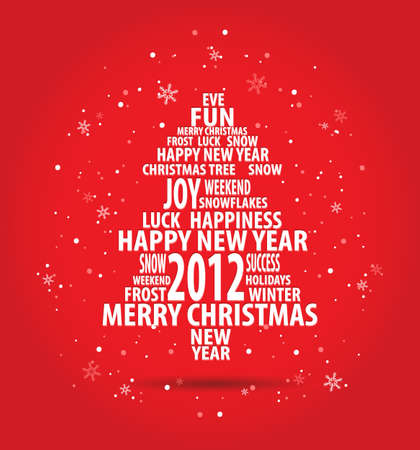 abstract christmas card with tree of season words on red background with snowflakes, all elements are in separate layers and grouped, easy to editのイラスト素材