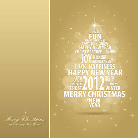 abstract christmas gold card with tree of season words on red background with snowflakes, all elements are in separate layers and grouped, easy to edit, eps 10のイラスト素材
