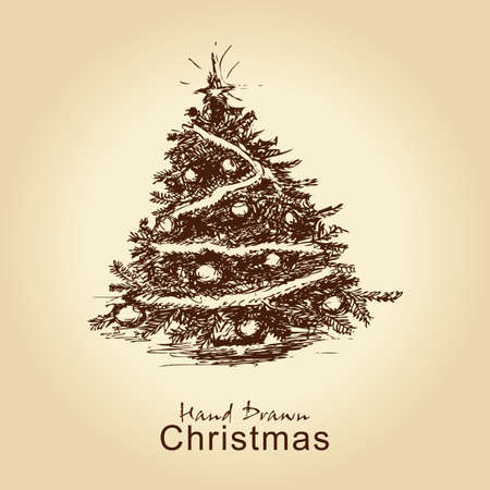 hand drawn vintage christmas tree for xmas design, with ballsのイラスト素材