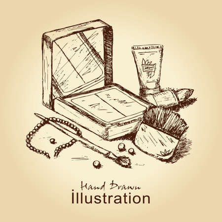 hand drawn vintage card with cosmetics set, for fashion designのイラスト素材