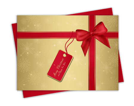 Christmas gold gift card with red ribbon and bow, for your information and design. Eps 10.のイラスト素材