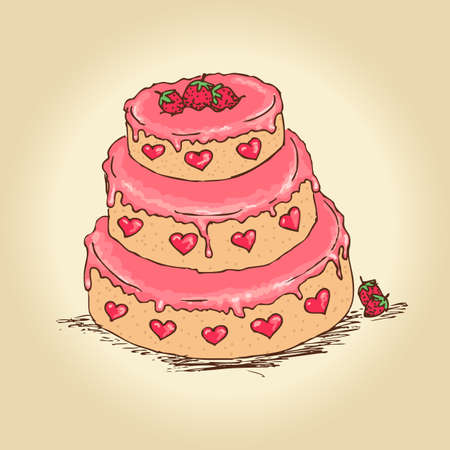 Hand drawn tasty valentine or birthday cake with strawberries and cream.