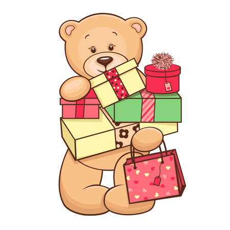 Hand drawn cute Teddy Bear with presents  Vector illustration のイラスト素材
