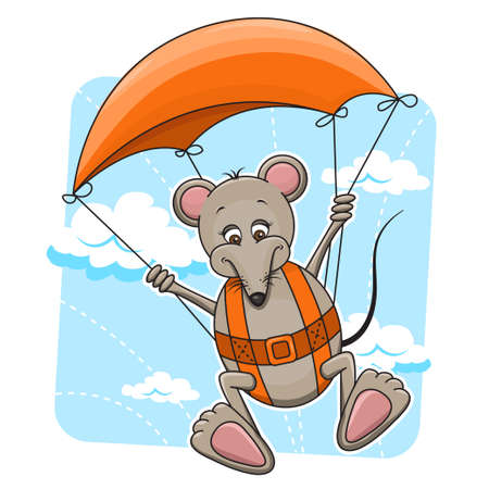 Cute cartoon illustration of Mouse flying on the parachute のイラスト素材