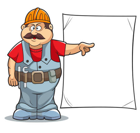 Illustration of Catoon Builder worker man s with sign のイラスト素材