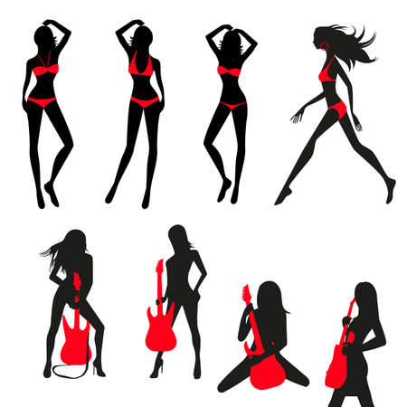 Set Of Silhouettes Of Slender Girls With Guitars In Bikini のイラスト素材