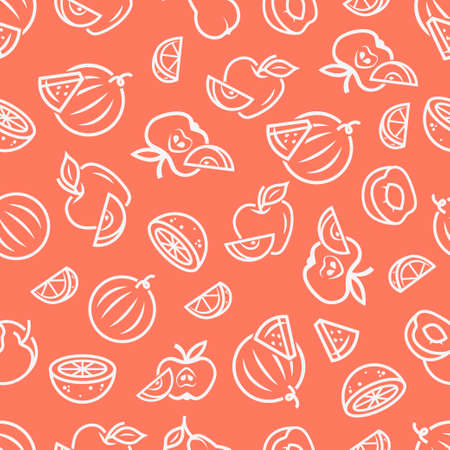 Cute vector seamless background with fruits, apple, watermelon, peach, lemon, orange, pear, lime. Use for your design.のイラスト素材