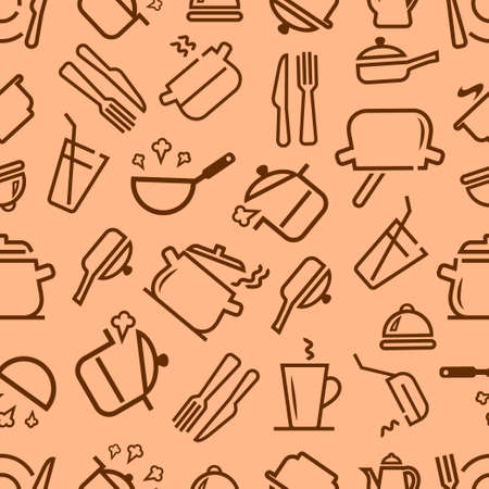Kitchenware and cooking utensils colorful and fun doodle seamless pattern. Vector seamless background for your design.のイラスト素材