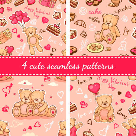 Set of seamless valentine backgrounds with teddy bears. Use it for childrens wallpaper, gift wrapping, prints for baby clothes, prints for bedclothes, greeting cards, Valentines Day design.のイラスト素材