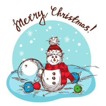 Christmas Illustration With Snowman - New Year Postcard In Retro style With Text  - Vector.のイラスト素材