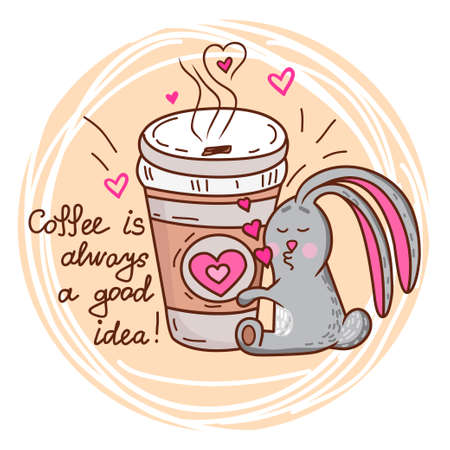 Cute cartoon hand drawn bunny loves coffee. Adorable vector clip art for your designのイラスト素材
