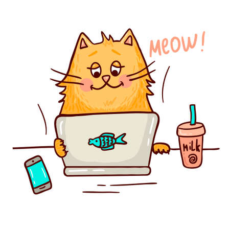 Cute cat working on notebook with milk and smart phone.のイラスト素材