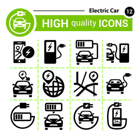 Vector Electric Car icon set. Included the icons as battery, charger, station, socket, automobile, rechargeable and more.のイラスト素材