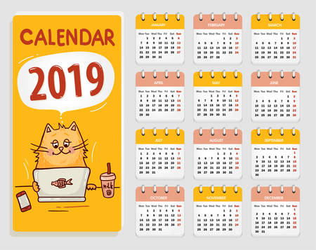 Vector Calendar 2019 with cute cat, All Elements Are In Separate Layers And Grouped, Easy To Edit.のイラスト素材
