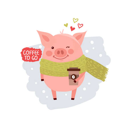 Cute cartoon pig with the cup of coffee. Coffee morning illustration isolated on white. Vector illustration with cartoon symbol of chinese calendar used for poster, greeting card, book and banner.のイラスト素材