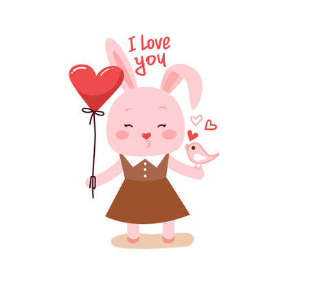 Cute cartoon lovely rabbit with pink large heart and text i love you. Vector illustration for web, site, greeting card, valentine day posterのイラスト素材