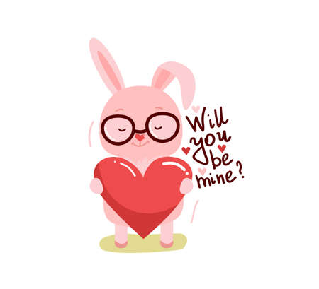 Cute cartoon lovely rabbit with pink large heart and text will you be mine. Vector illustration for web, site, greeting card, valentines day posterのイラスト素材