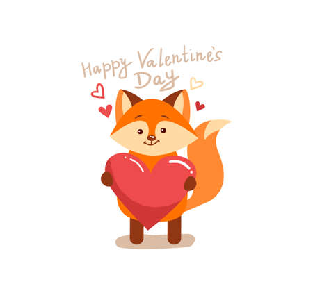 Cute cartoon lovely red fox with pink large heart and text happy valentines day. Vector illustration for web, site, greeting card, valentines day posterのイラスト素材