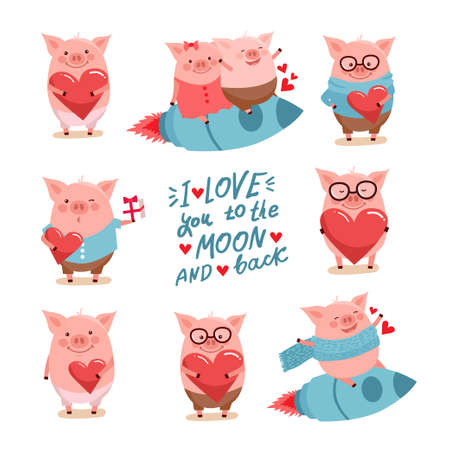 Vector illustration set of cute cartoon pigs. Symbol of the new year 2019 for web, site, greeting card, valentine day posterのイラスト素材