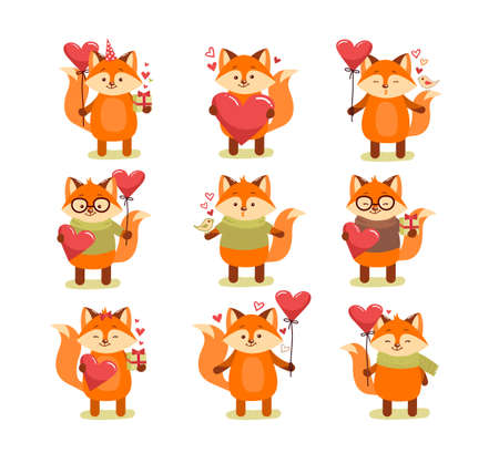Vector set of cute cartoon lovely red fox. Vector illustration for web, site, greeting card, valentines day poster.のイラスト素材