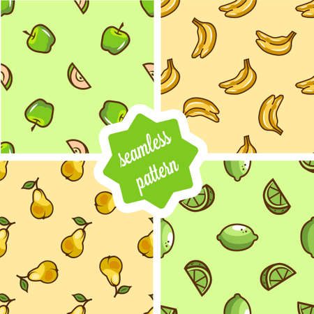 Seamless fruit backgrounds set- vector patterns with banana, pear, apple, lime. Funny fruit. Cute Seamless Patterns.のイラスト素材