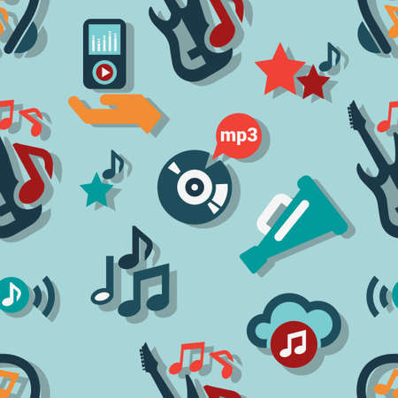 Color stylish musical seamless vector pattern with elements of flat guitar, notes, musical instruments, audio.のイラスト素材