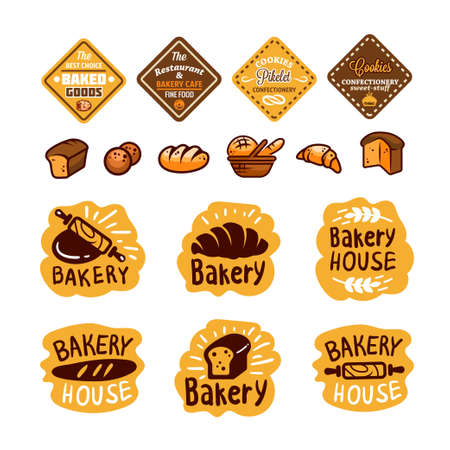 Bread and bakery products logos and icons with lettering. Bagel and croissant and baguette silhouettes with signs for pastry food shop. Food of dough and flour badges vector isolatedのイラスト素材