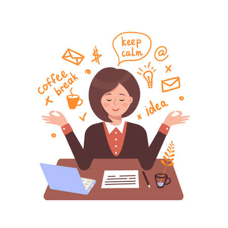 Secretary woman meditates in the workplace. Vector flat illustration with text elements.のイラスト素材