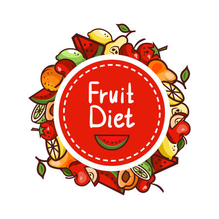 Logo, icon, poster Healthy food brochure. fruit diet vector emblem. The decor of the silhouettes of fruits. Stamp style.のイラスト素材