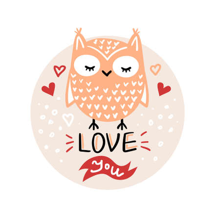 Vector, clip art, hand drawn Valentines day illustration. Funny fairy tale, forest animal, owl face. Sticker, print for cards, posters t-shirts other clothes and moreのイラスト素材