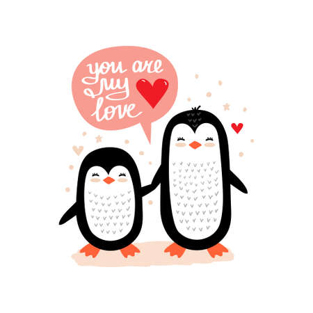 Little penguins and you are my love. Cute vector illustration in scandinavian style, doodle nursery art.のイラスト素材
