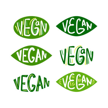 Vegan  set. Bio, Ecology, Organic  and badges, label, tag. Green leaf on white background. Vector illustrationのイラスト素材